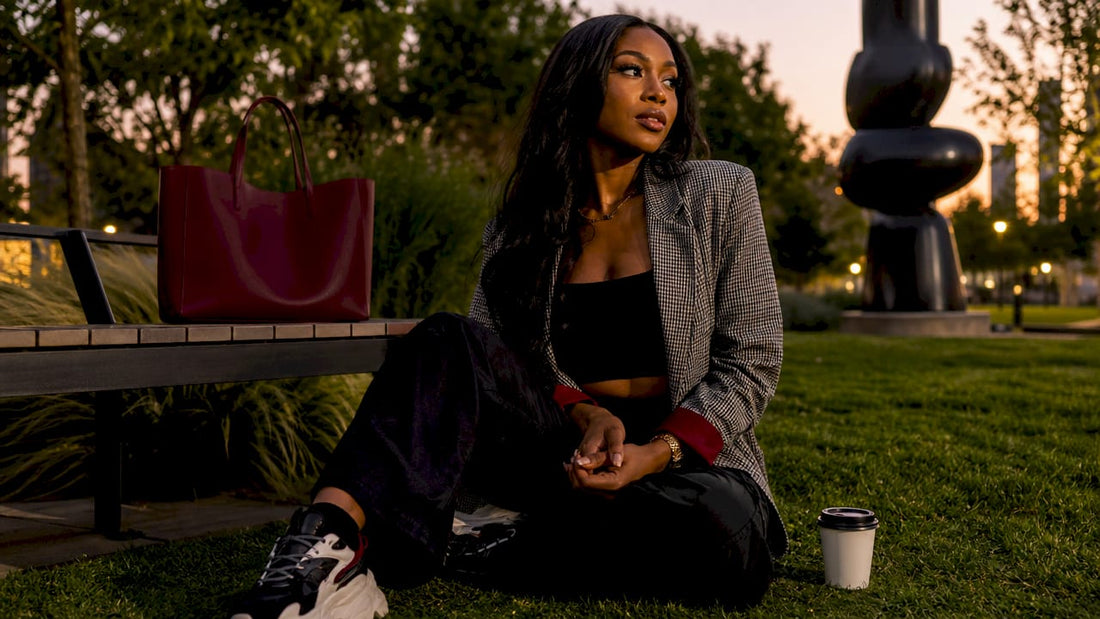 Young woman showcasing luxury streetwear outfit outdoors