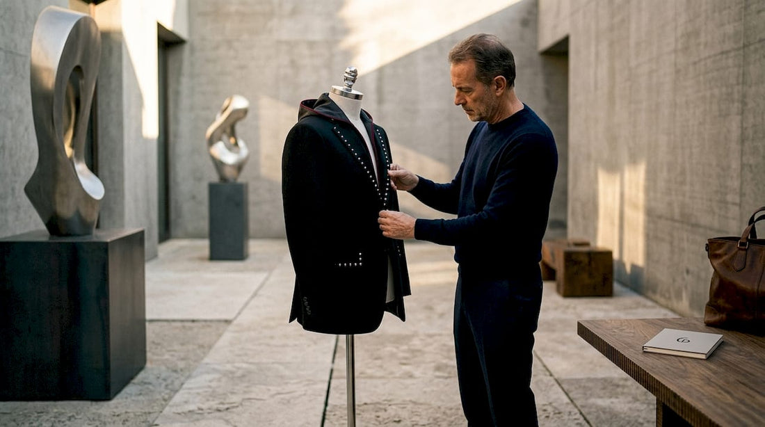 Artisan inspecting luxury tailored jacket in atelier