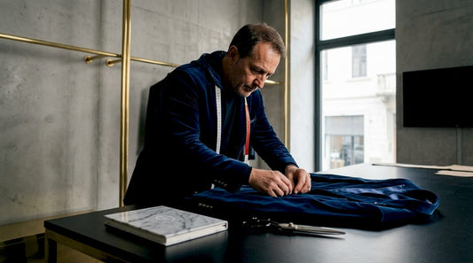 Italian master tailor handcrafting luxury blazer