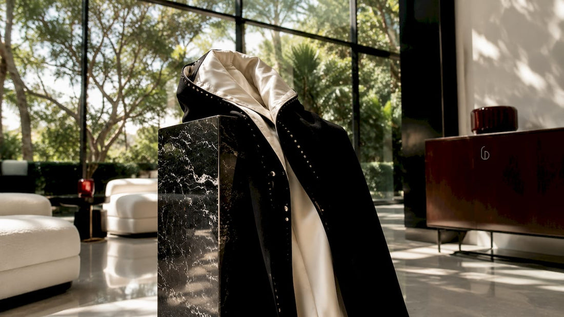 Luxurious tailored black coat on valet stand