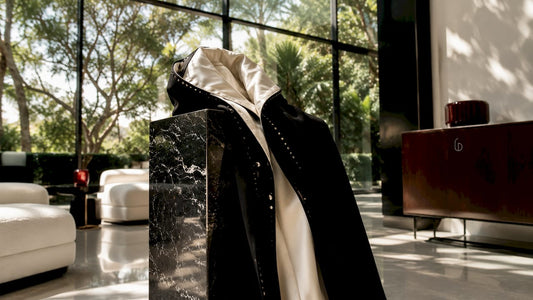 Luxurious tailored black coat on valet stand