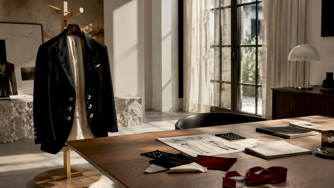 Handcrafted luxury blazer on chair in Italian atelier