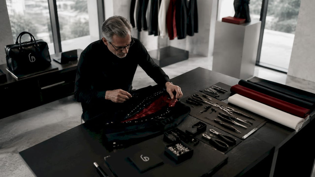 Artisan inspecting luxury tailored jacket in atelier