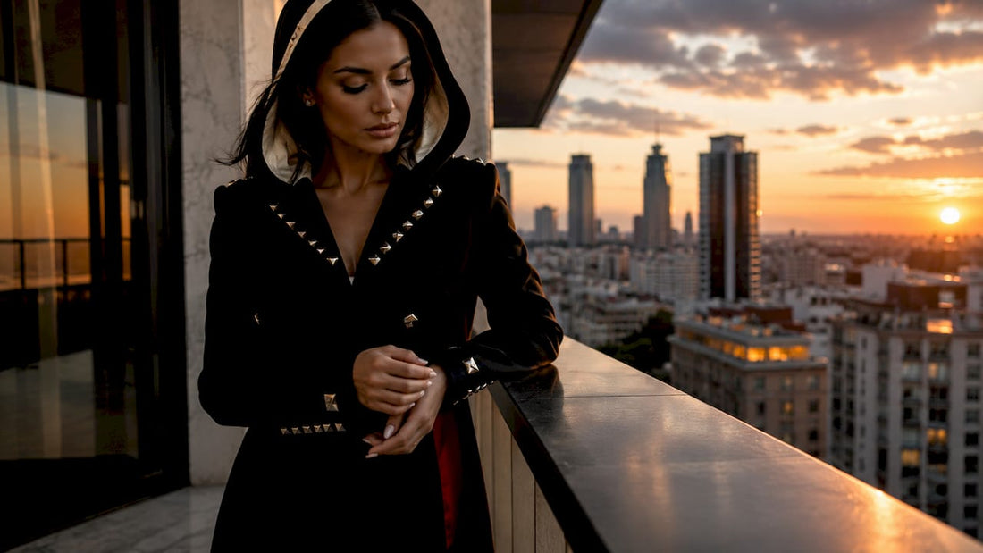 Model in luxury Italian fashion jacket in marble lobby
