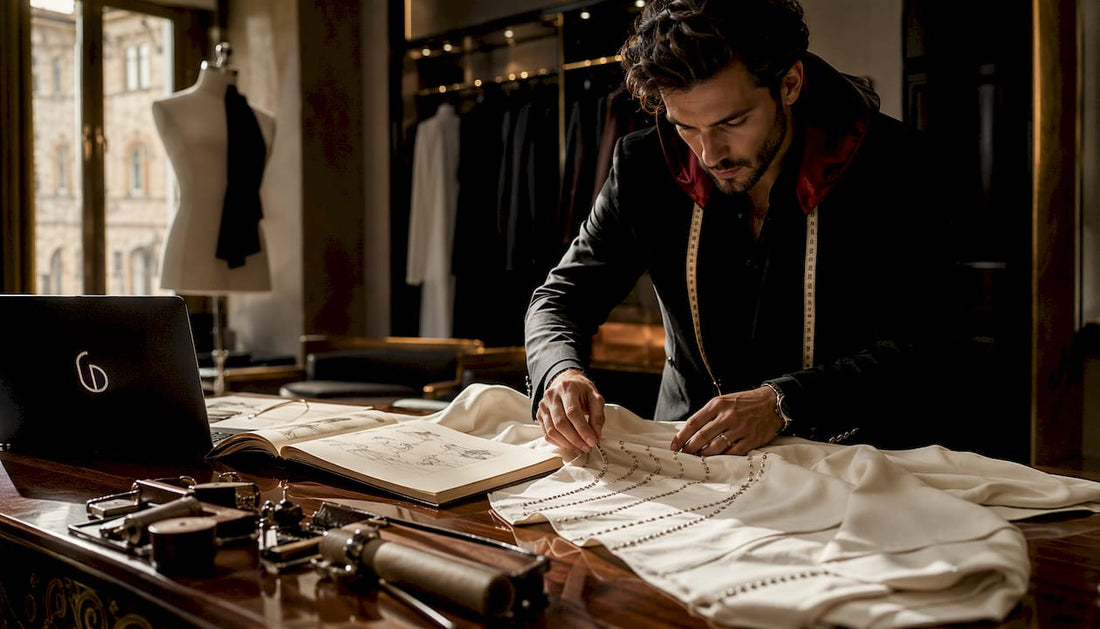 Tailor inspecting luxurious silk garment details