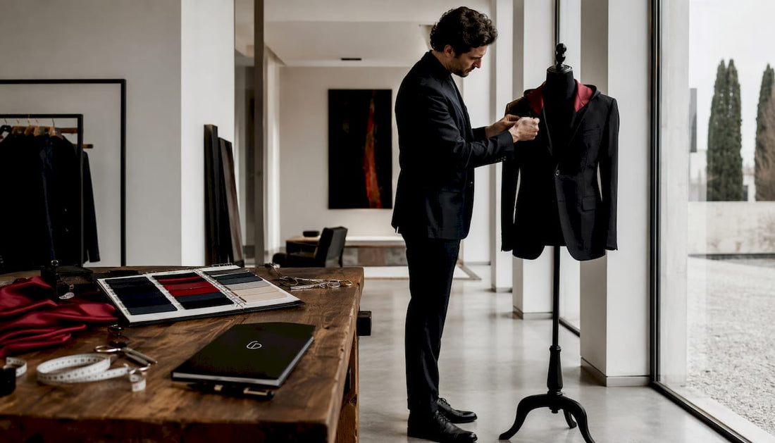 Tailor adjusting bespoke black suit jacket indoors