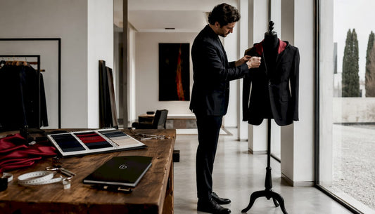 Tailor adjusting bespoke black suit jacket indoors