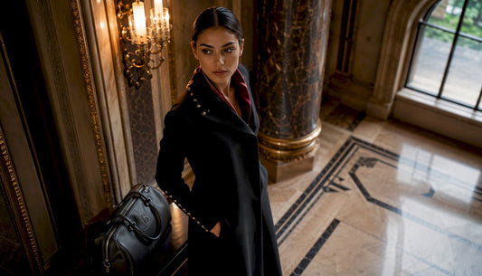 Model wearing tailored Egyptian silk-lined coat in marble vestibule