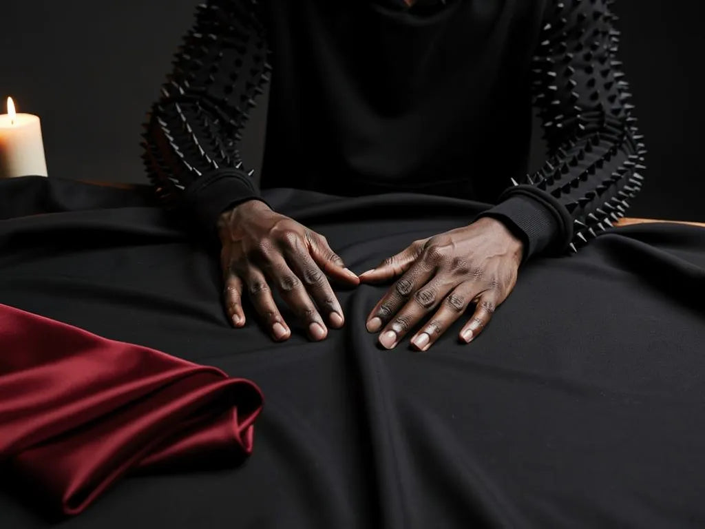 Bare hands resting on plain jet black cotton fabric beside deep red silk in warm