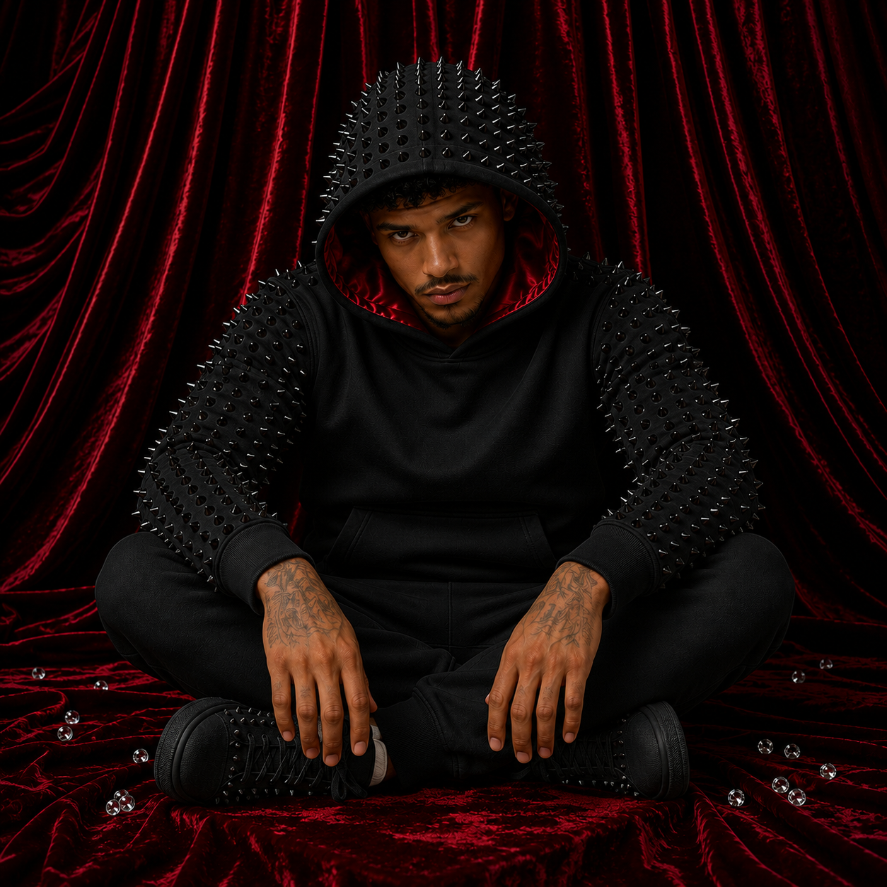 Black slim fitted hoodie with red silk lining, adorned with Italian cone studs on sleeves and hood. Model seated with hands on knees.
