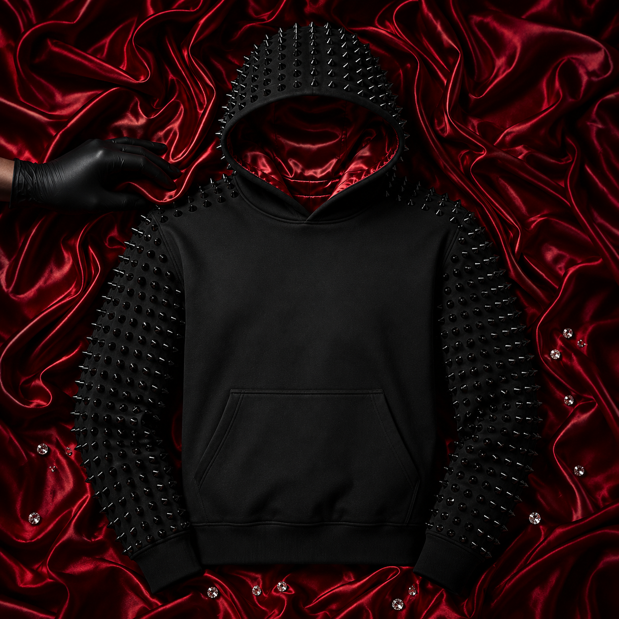 JEEYODEE ONYX THORNS heavyweight black hoodie with matte engineered Thorns and blood-red Egyptian silk-lined hood